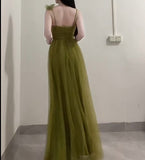 Niulatu Olive Green Spaghetti Strap Tulle Long Prom Dress Sweet Birthday Evening Dress HZ1103