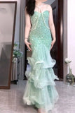 Niulatu Mint Green Mermaid Spaghetti Strap Sequined Tulle Ball Dress Backless Evening Gown HZ1103
