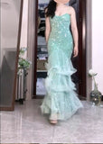 Niulatu Mint Green Mermaid Spaghetti Strap Sequined Tulle Ball Dress Backless Evening Gown HZ1103