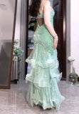 Niulatu Mint Green Mermaid Spaghetti Strap Sequined Tulle Ball Dress Backless Evening Gown HZ1103
