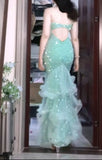 Niulatu Mint Green Mermaid Spaghetti Strap Sequined Tulle Ball Dress Backless Evening Gown HZ1103