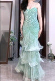 Niulatu Mint Green Mermaid Spaghetti Strap Sequined Tulle Ball Dress Backless Evening Gown HZ1103