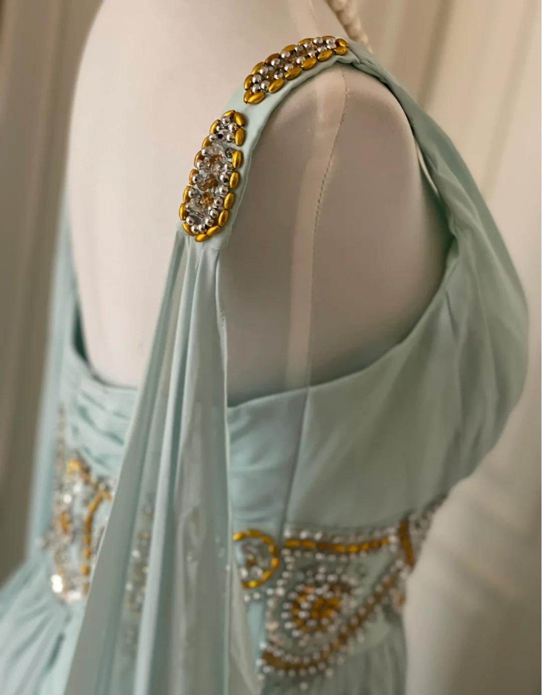 Niulatu Tiffany Blue V-neck A-Line Beaded Chiffon Long Prom Dress Evening Dress Wedding Dress HZ1103