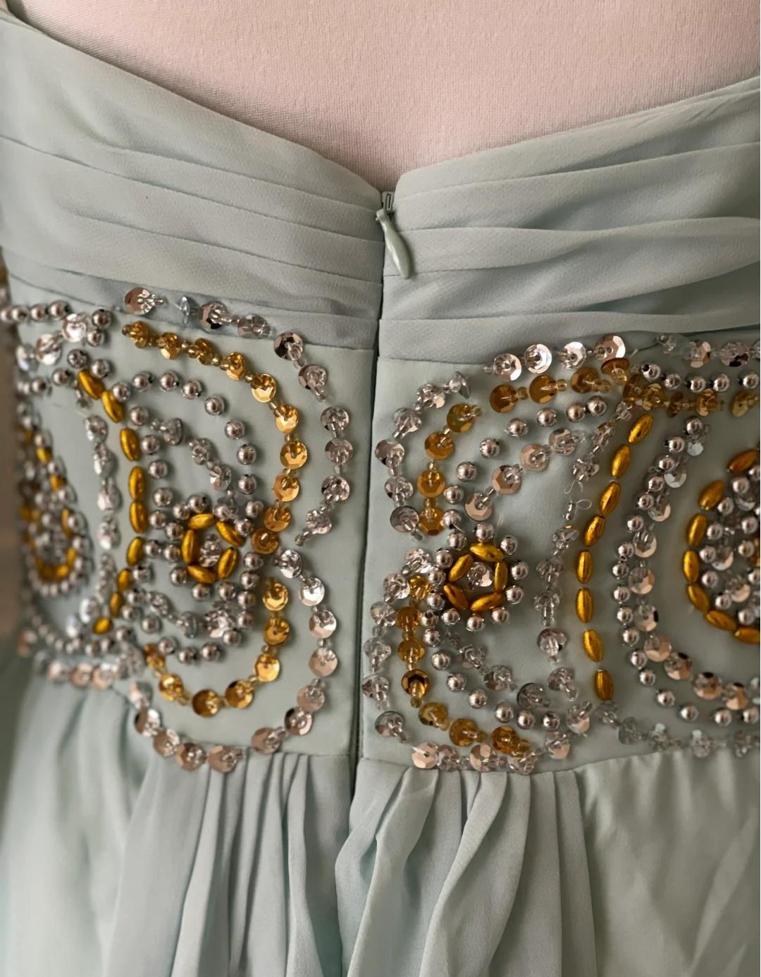 Niulatu Tiffany Blue V-neck A-Line Beaded Chiffon Long Prom Dress Evening Dress Wedding Dress HZ1103