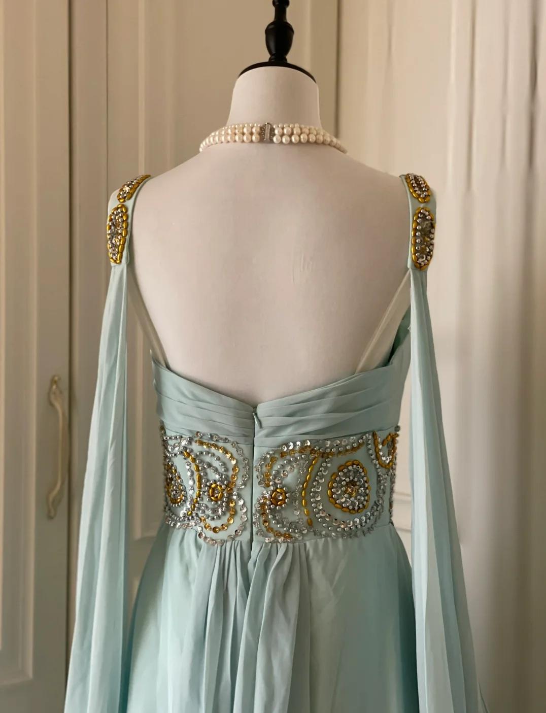 Niulatu Tiffany Blue V-neck A-Line Beaded Chiffon Long Prom Dress Evening Dress Wedding Dress HZ1103