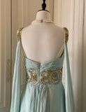 Niulatu Tiffany Blue V-neck A-Line Beaded Chiffon Long Prom Dress Evening Dress Wedding Dress HZ1103
