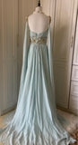 Niulatu Tiffany Blue V-neck A-Line Beaded Chiffon Long Prom Dress Evening Dress Wedding Dress HZ1103