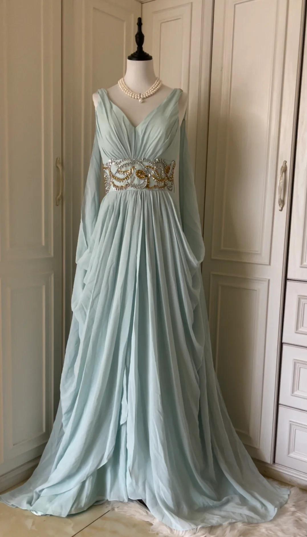 Niulatu Tiffany Blue V-neck A-Line Beaded Chiffon Long Prom Dress Evening Dress Wedding Dress HZ1103