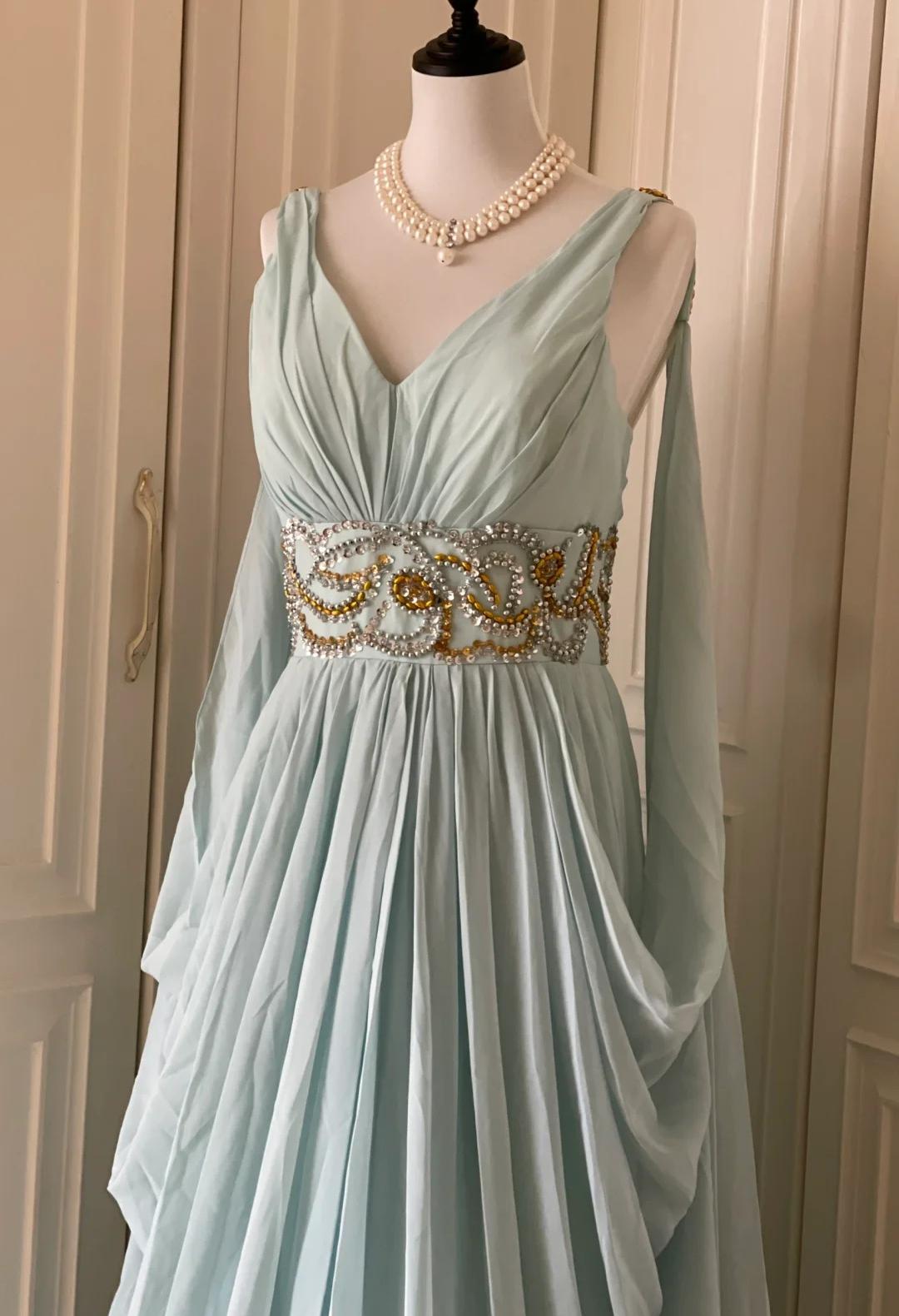 Niulatu Tiffany Blue V-neck A-Line Beaded Chiffon Long Prom Dress Evening Dress Wedding Dress HZ1103