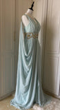 Niulatu Tiffany Blue V-neck A-Line Beaded Chiffon Long Prom Dress Evening Dress Wedding Dress HZ1103