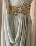 Niulatu Tiffany Blue V-neck A-Line Beaded Chiffon Long Prom Dress Evening Dress Wedding Dress HZ1103