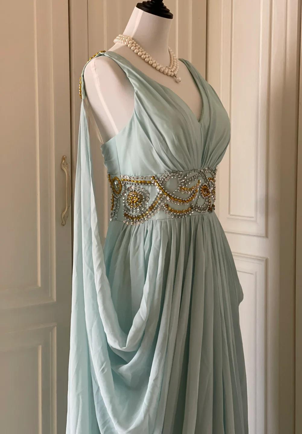 Niulatu Tiffany Blue V-neck A-Line Beaded Chiffon Long Prom Dress Evening Dress Wedding Dress HZ1103