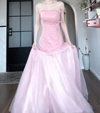Niulatu Pink Strapless A-Line Tulle Sequined Long Ball Dress Birthday Evening Dress HZ1103