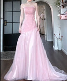 Niulatu Pink Strapless A-Line Tulle Sequined Long Ball Dress Birthday Evening Dress HZ1103