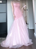 Niulatu Pink Strapless A-Line Tulle Sequined Long Ball Dress Birthday Evening Dress HZ1103