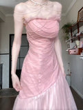 Niulatu Pink Strapless A-Line Tulle Sequined Long Ball Dress Birthday Evening Dress HZ1103
