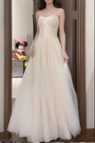 Niulatu White Spaghetti Strap A-Line Tulle Sequin Long Prom Dress Simple Birthday Graduation Dress HZ1103