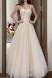 Niulatu White Spaghetti Strap A-Line Tulle Sequin Long Prom Dress Simple Birthday Graduation Dress HZ1103