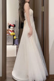 Niulatu White Spaghetti Strap A-Line Tulle Sequin Long Prom Dress Simple Birthday Graduation Dress HZ1103