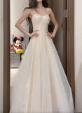 Niulatu White Spaghetti Strap A-Line Tulle Sequin Long Prom Dress Simple Birthday Graduation Dress HZ1103