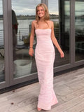 Niulatu Mermaid Spaghetti Straps Floor Length Sleeveless Pink Prom Dress HZ1103