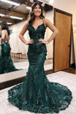 Niulatu Green Mermaid Spaghetti Straps Tulle Sequins Long Prom Dress With Appliques Evening Gown HZ1103
