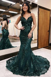 Niulatu Green Mermaid Spaghetti Straps Tulle Sequins Long Prom Dress With Appliques Evening Gown HZ1103