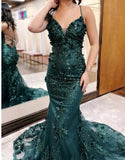 Niulatu Green Mermaid Spaghetti Straps Tulle Sequins Long Prom Dress With Appliques Evening Gown HZ1103