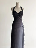 Niulatu Gradient Dark Gray Halter Neck Ruffle Sheath Prom Dress Birthday Dress HZ1103