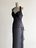 Niulatu Gradient Dark Gray Halter Neck Ruffle Sheath Prom Dress Birthday Dress HZ1103