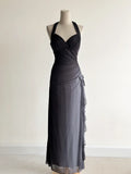 Niulatu Gradient Dark Gray Halter Neck Ruffle Sheath Prom Dress Birthday Dress HZ1103