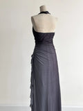 Niulatu Gradient Dark Gray Halter Neck Ruffle Sheath Prom Dress Birthday Dress HZ1103