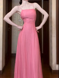 Niulatu Pink A-Line Chiffon Spaghetti Strap Backless Long Prom Dress Party Dress HZ1103