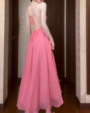 Niulatu Pink A-Line Chiffon Spaghetti Strap Backless Long Prom Dress Party Dress HZ1103