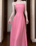 Niulatu Pink A-Line Chiffon Spaghetti Strap Backless Long Prom Dress Party Dress HZ1103