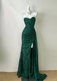 Niulatu Dark Green Sweetheart Neck Mermaid Long Prom Dress Sequin Strapless Formal Evening Dress HZ1103