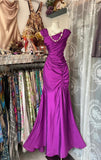 Niulatu Dark Pink Mermaid Pleated Satin Irregular Neckline Ball Dress Birthday Dress HZ1103