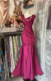 Niulatu Dark Pink Mermaid Pleated Satin Irregular Neckline Ball Dress Birthday Dress HZ1103