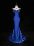 Niulatu Blue Elegant Mermaid Satin Spaghetti Strap Long Prom Dress Beaded Formal Evening Gown HZ1103