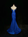 Niulatu Blue Elegant Mermaid Satin Spaghetti Strap Long Prom Dress Beaded Formal Evening Gown HZ1103