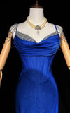 Niulatu Blue Elegant Mermaid Satin Spaghetti Strap Long Prom Dress Beaded Formal Evening Gown HZ1103