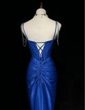 Niulatu Blue Elegant Mermaid Satin Spaghetti Strap Long Prom Dress Beaded Formal Evening Gown HZ1103