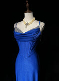 Niulatu Blue Elegant Mermaid Satin Spaghetti Strap Long Prom Dress Beaded Formal Evening Gown HZ1103