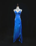 Niulatu Backless Beaded Satin Sheath Royal Blue Long Prom Dress Formal Evening Gown HZ1103