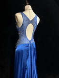 Niulatu Backless Beaded Satin Sheath Royal Blue Long Prom Dress Formal Evening Gown HZ1103