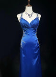 Niulatu Backless Beaded Satin Sheath Royal Blue Long Prom Dress Formal Evening Gown HZ1103
