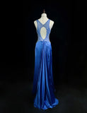 Niulatu Backless Beaded Satin Sheath Royal Blue Long Prom Dress Formal Evening Gown HZ1103