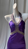 Niulatu Purple Halter Satin Sheath Beaded Sequins Backless Prom Dress Temperament Evening Dress HZ1103