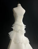 Niulatu White Strapless Mermaid Organza Long Prom Dress Simple Wedding Dress HZ1103