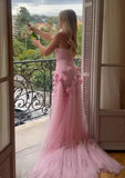 Niulatu Pink Bodycon Dress Strapless Applique Tulle Long Prom Dress HZ1103